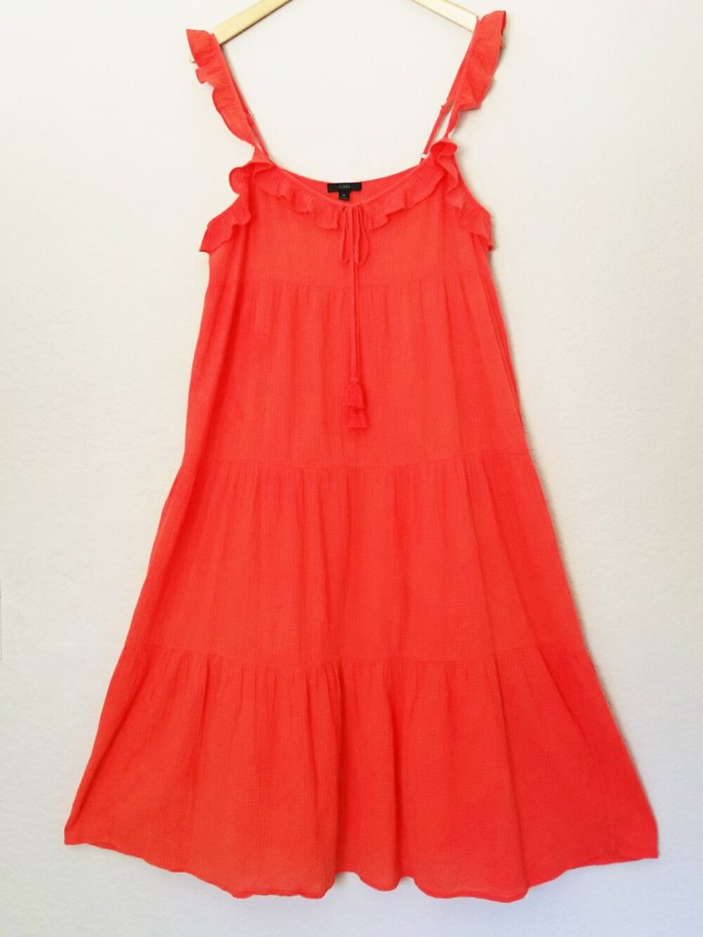 J. Crew Tiered Ruffle Maxi Dress M Crinkle Gauze 100% Cotton Red Orange $128 - Picture 4 of 16
